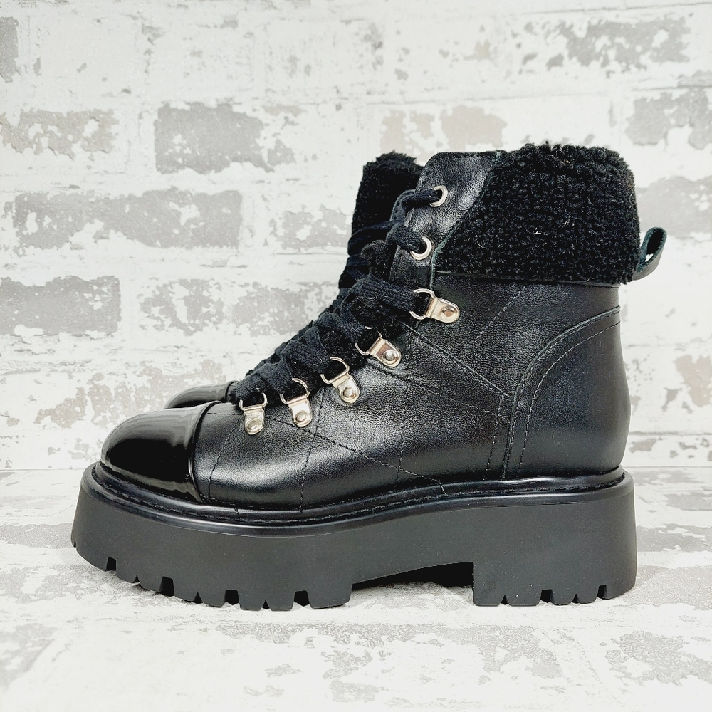 New Steve Madden Reyen Black Leather  Lace Up Block Heel Ankle Boots M186